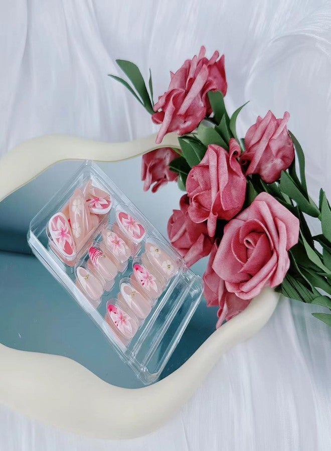 BSBTBZ Pink Flower Press on Nails Nails Medium Almond Fake Nails French Nails Press ons Cute with Designs 3D Flower Pink Stick on Nails Glossy Glue on Nails Acrylic Nails for Women Girls 24 Pcs - Image 5